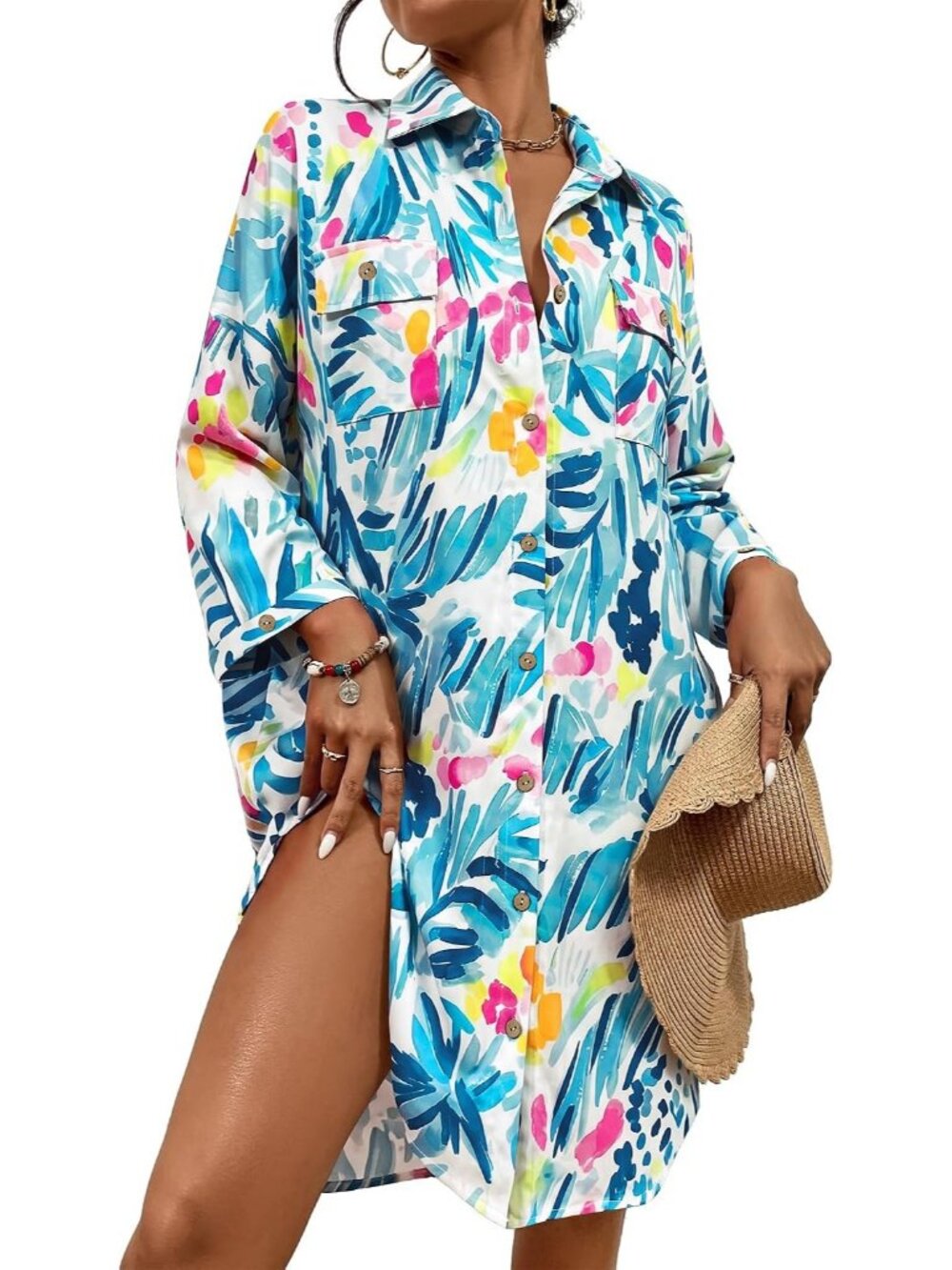 Women's Multi Polyester Button Down Shirt Cover Up Beachwear Swimsuit Cover Up